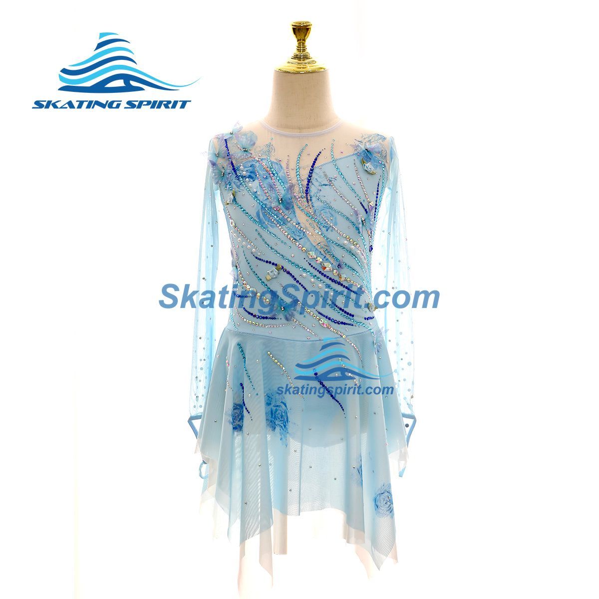 blue and white tropical dress Figure Skating Dress #SD245